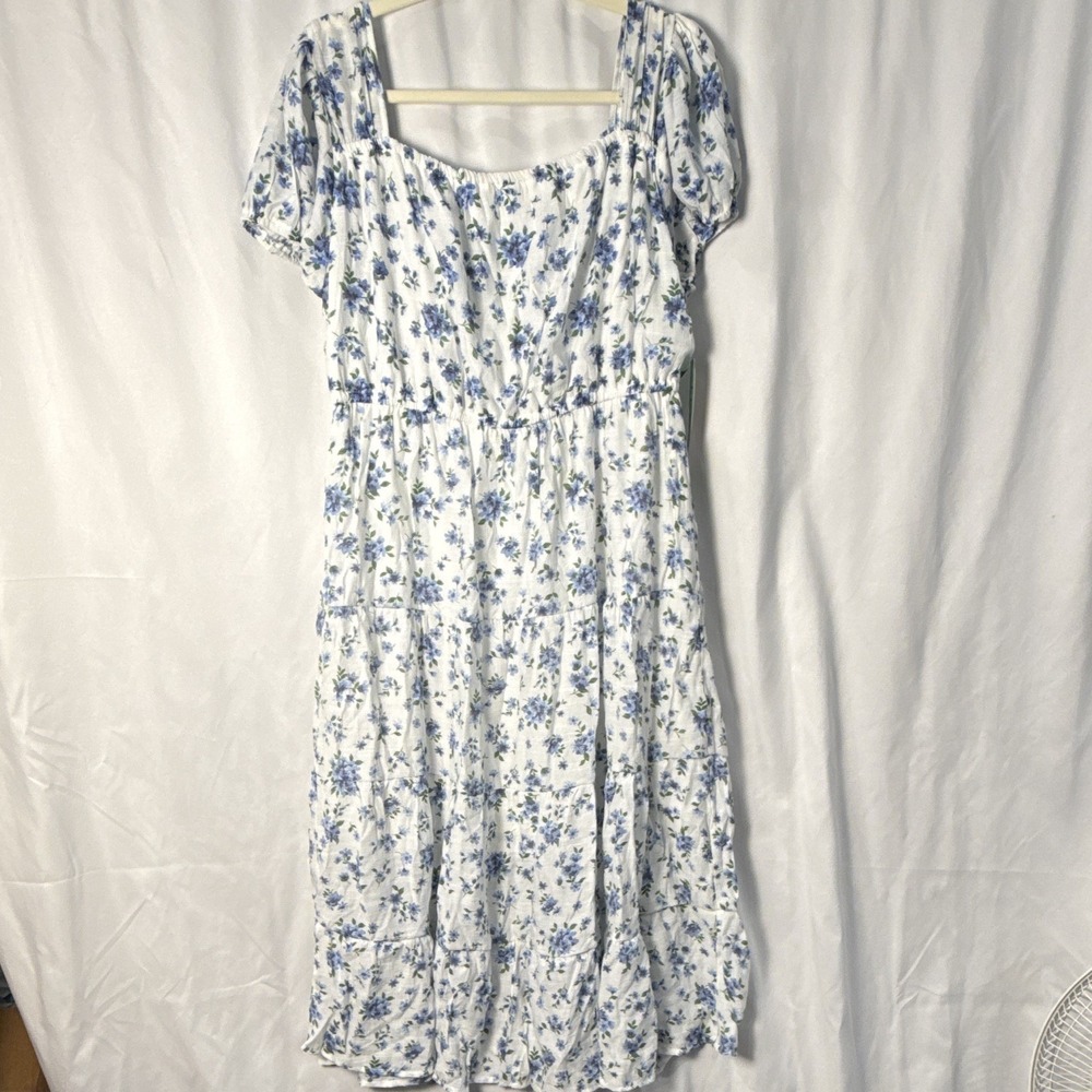 Indigo Rose Petite PXL White Blue Green Floral Square Neck Puff Sleeve Midi